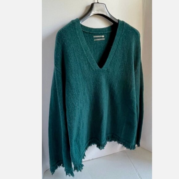 Anthropologie Wool Alpaca V-Neck Sweater Green Fringe Long Sleeve M - Picture 8 of 10